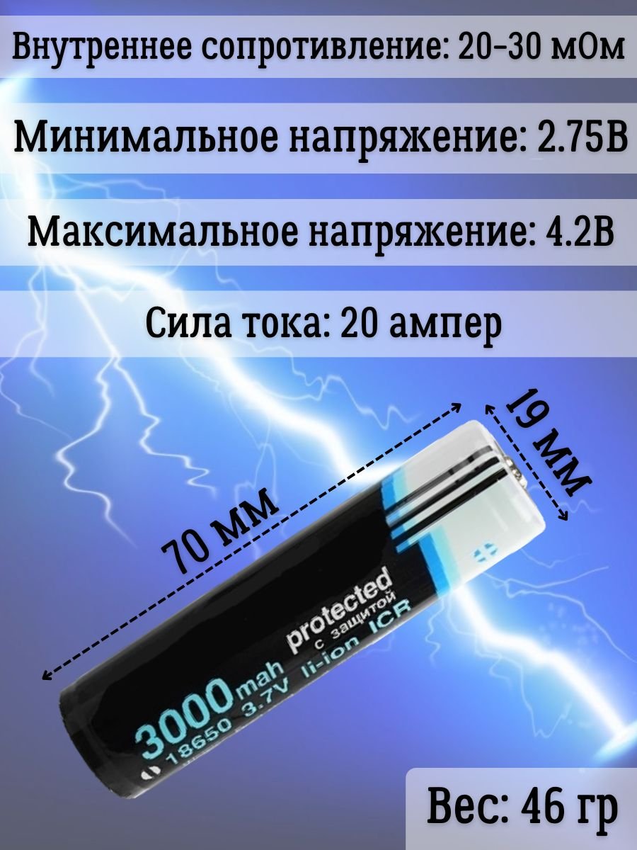 Аккумулятор Li-Ion защищенный 18650, 3000 мАч, 3,7В PowerNest