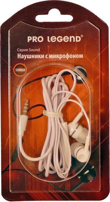 Наушники Pro Legend Sound PL5023 с микрофоном, белые затычки, 18-20kHz, 116#3dB, 32Ом, шнур 1.2м
