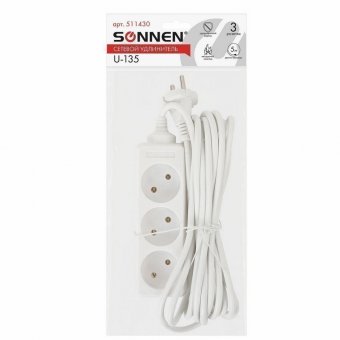 Удлинитель сетевой SONNEN U-135, 3 розетки, без заземления, 10 А, 5 м, 511430