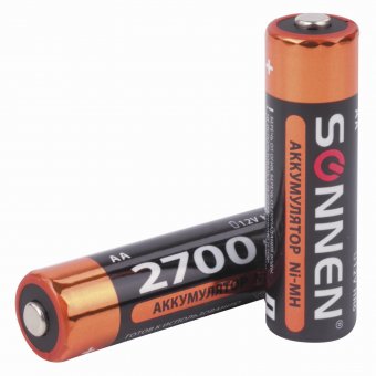 Батарейки аккумуляторные КОМПЛЕКТ 2 шт., SONNEN, АА (HR6), Ni-Mh, 2700 mAh, в блистере, 454235