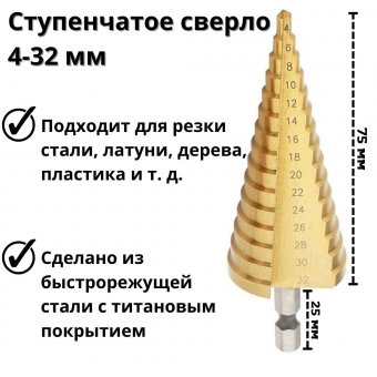 Ступенчатое сверло 4-32 мм Anysmart по металлу и дереву